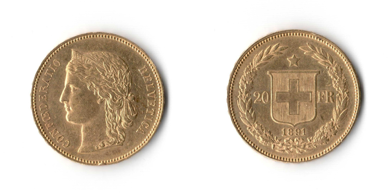 Svizzera, 20 Franchi 1891 qFDC/FDC